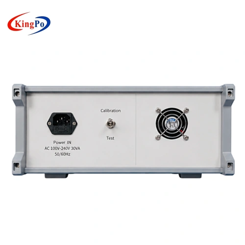 Back panel of IEC 60601-2-31 Defibrillation Pulse Tester with power input, calibration mode switch and cooling fan
