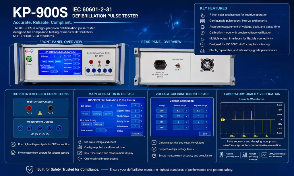 KP-900S IEC 60601-2-31 Defibrillation Pulse Tester showing front panel, rear panel, output interfaces, operation screen and voltage calibration interface