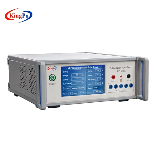 Front view of IEC 60601-2-31 Defibrillation Pulse Tester showing touchscreen interface and output terminals