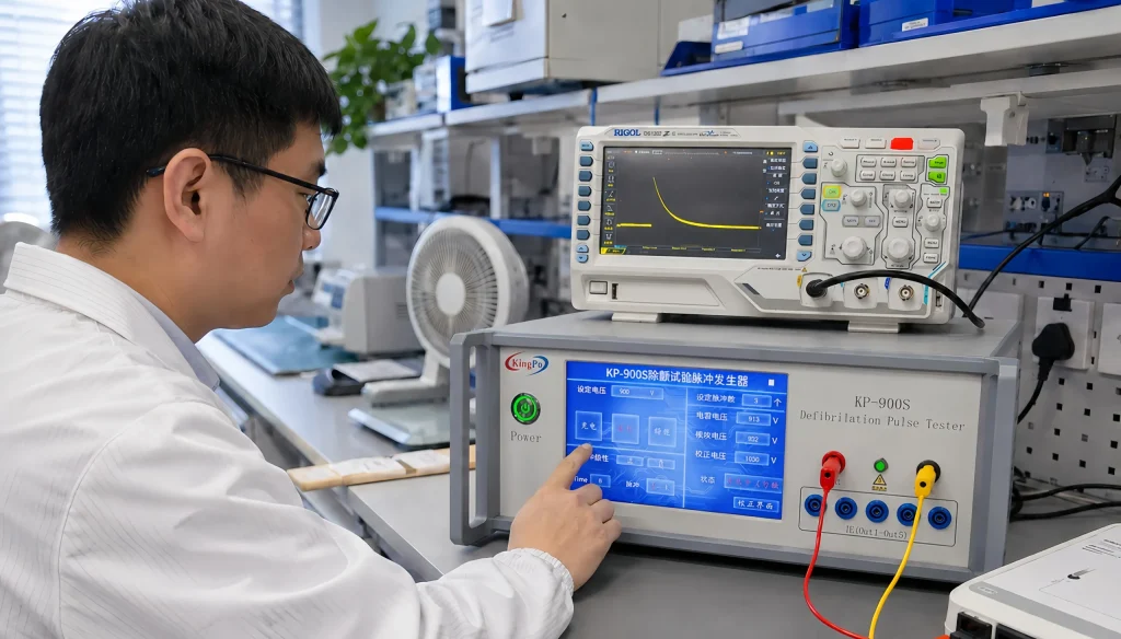 Engineer operating KP-900S IEC 60601-2-31 Defibrillation Pulse Tester in a medical electrical safety laboratory