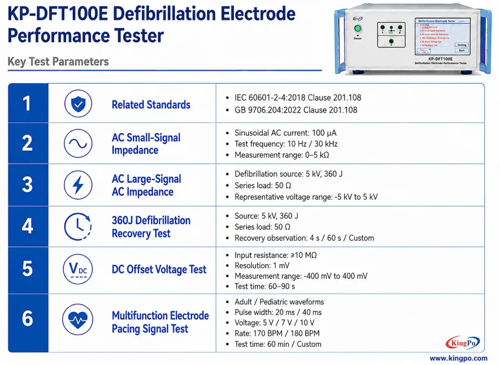 Key test parameters of KP-DFT100E IEC 60601-2-4 Defibrillation Electrode Performance Tester for disposable and multifunction electrode testing