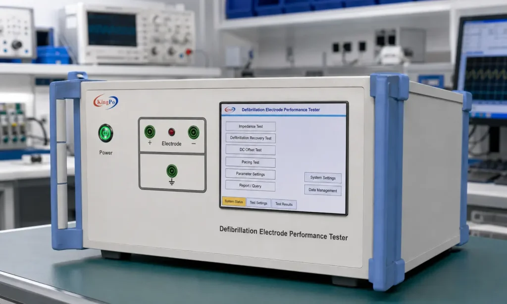IEC 60601-2-4 Defibrillation Electrode Tester KP-DFT100E displayed in a medical electronics laboratory