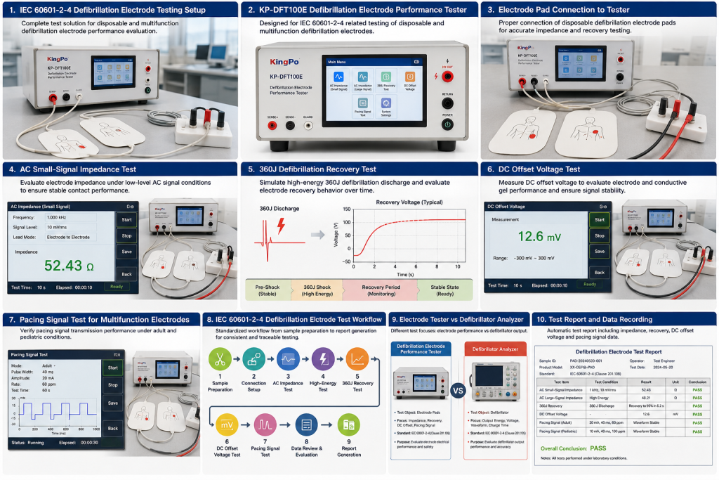 IEC 60601-2-4 Defibrillation Electrode Testing Guide: How KINGPO KP-DFT100E Evaluates Impedance, 360J Recovery and Pacing Signal Performance 1 IEC 60601-2-4 defibrillation electrode performance testing infographic showing impedance test, 360J recovery, DC offset voltage, pacing signal and test workflow
