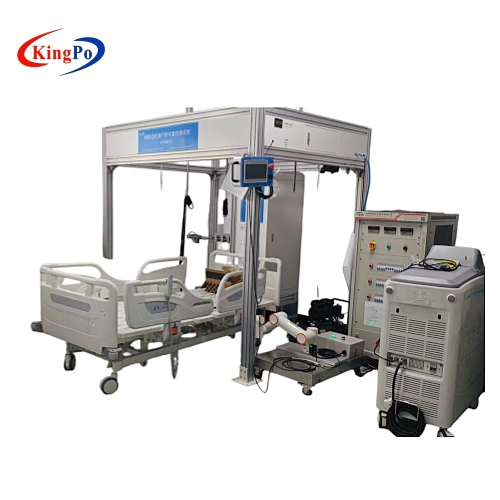 6-axis robotic arm simulating repeated side rail operation for medical bed reliability testing