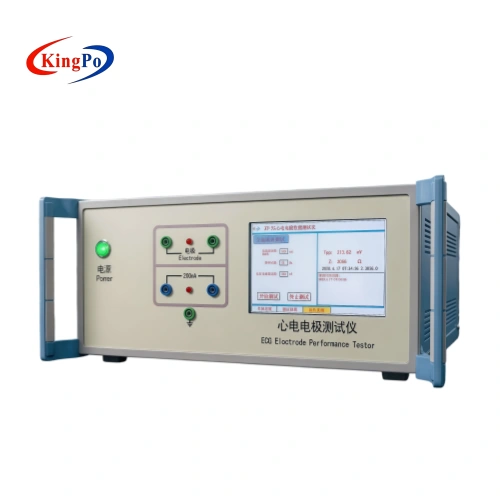7-inch touchscreen interface of IEC 60601 ECG Electrode Tester displaying test parameters and real-time results