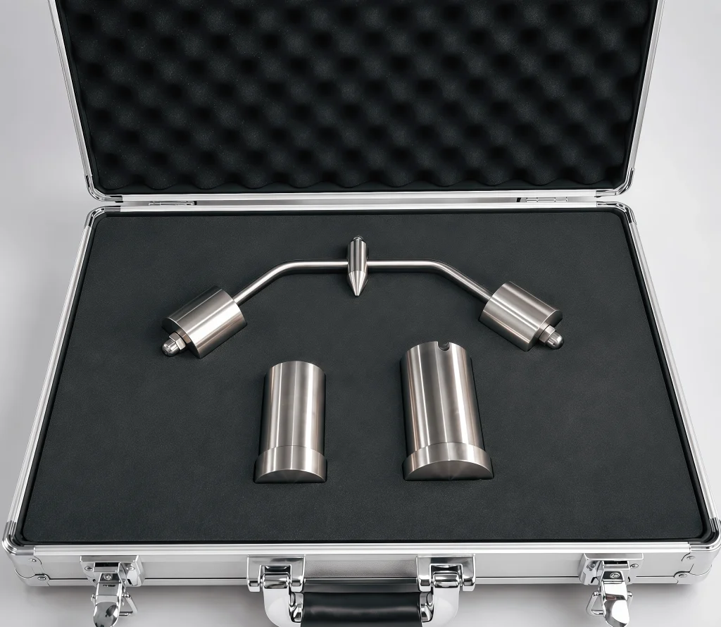 IEC 60695-10-2 Ball Pressure Test Apparatus complete set, including balancing arm, pressure ball and weights, stored in protective aluminum carry case.