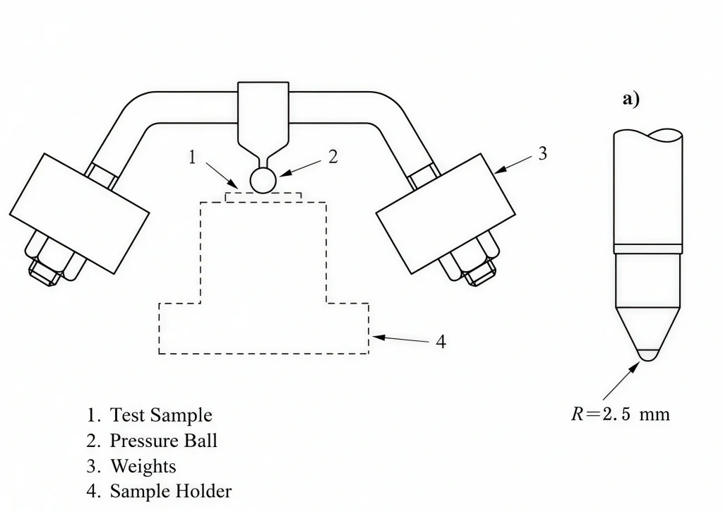 Schematic diagram of IEC 60695-10-2 Ball Pressure Test Apparatus showing test sample, pressure ball, weights and sample holder arrangement.