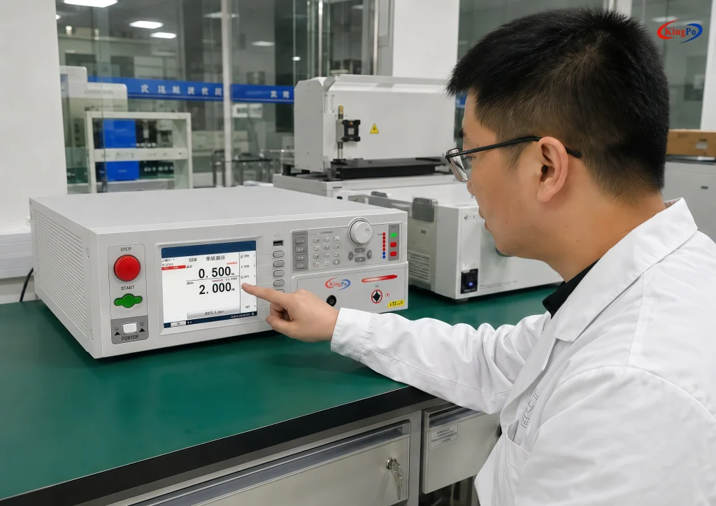 Specimen connection on IEC 62368 Partial Discharge Tester for insulation evaluation