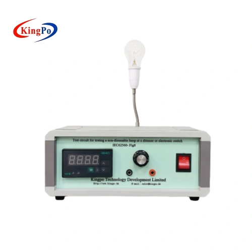Front view of IEC 62560-1 Figure 8 Test Circuit showing digital display, control knob and connected test lamp in laboratory