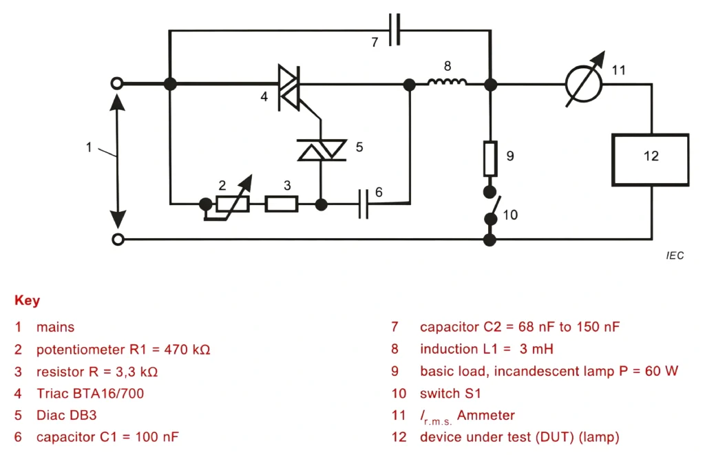 Schematic diagram of IEC 62560-1 Figure 8 Test Circuit for testing non-dimmable self-ballasted lamps with dimmers or electronic switches.