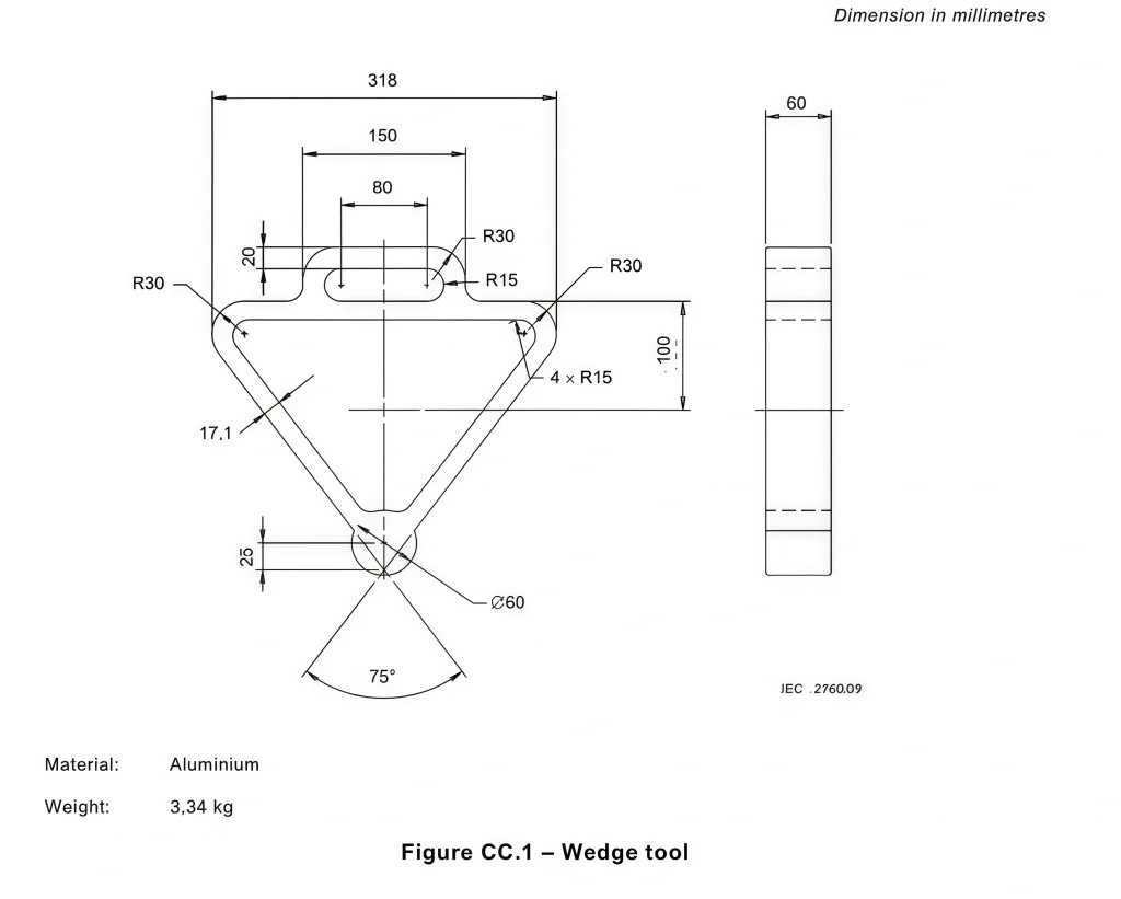 Technical drawing of IEC 80601-2-89 Figure CC.1 Wedge Tool with dimensions in millimetres