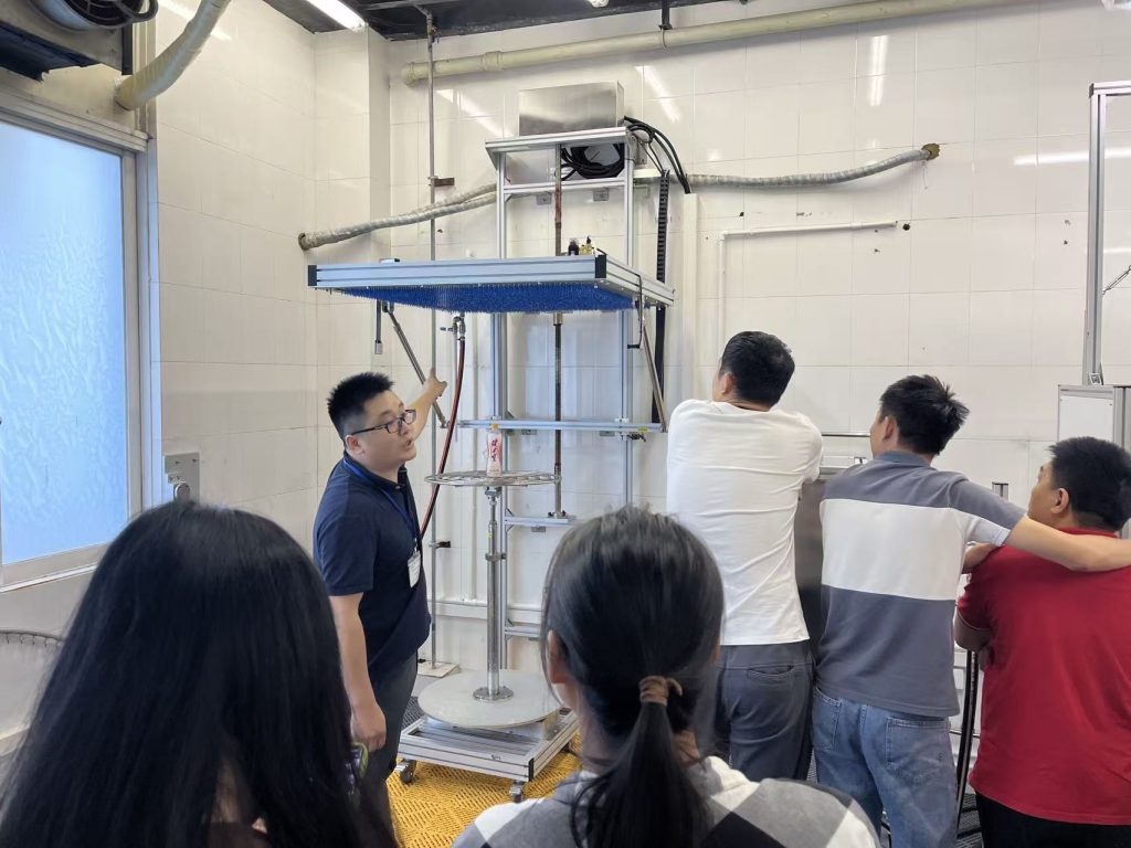 Successful Delivery of IP Testing Equipment & UL Rain Testing System for UL Certification Laboratory in Guangzhou 2 IPX3 IPX4 oscillating tube rain test system demonstration in laboratory showing engineers operating IEC 60529 waterproof testing equipment KINGPO
