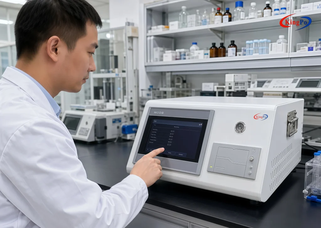 Laboratory technician operating the ISO 18250-1 Air Leakage Tester during subatmospheric pressure testing of medical connectors.