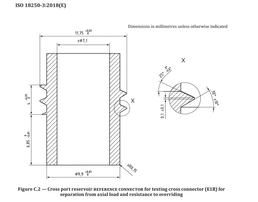 ISO 18250-3 Figure C.2 cross port reservoir reference connector technical drawing for axial load separation and overriding resistance testing