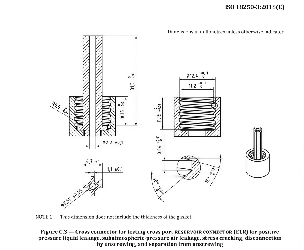 ISO 18250-3 Figure C.3 cross connector technical drawing for leakage, stress cracking and unscrewing test setups