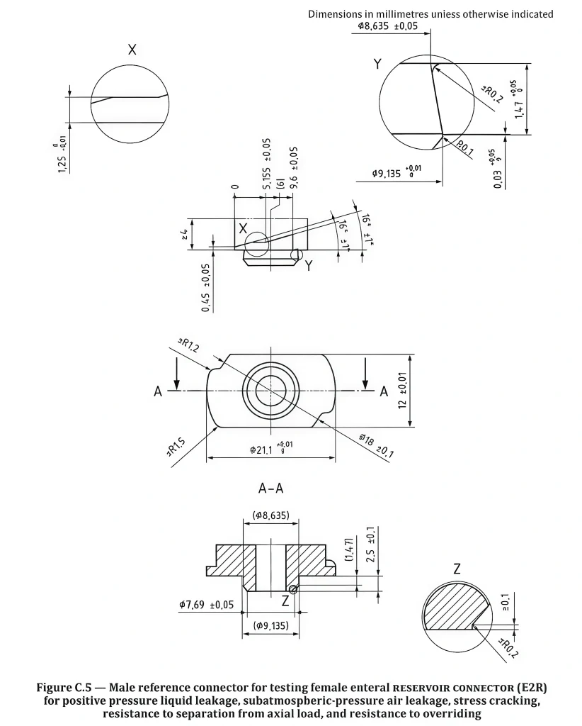 ISO 18250-3 Figure C.5 male reference connector technical drawing for female enteral reservoir connector testing