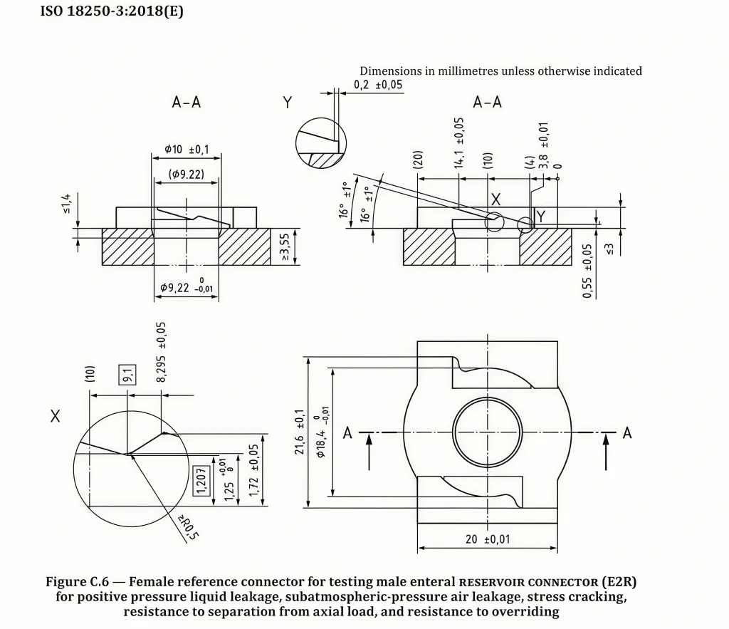 ISO 18250-3 Figure C.6 female reference connector technical drawing for male enteral reservoir connector testing