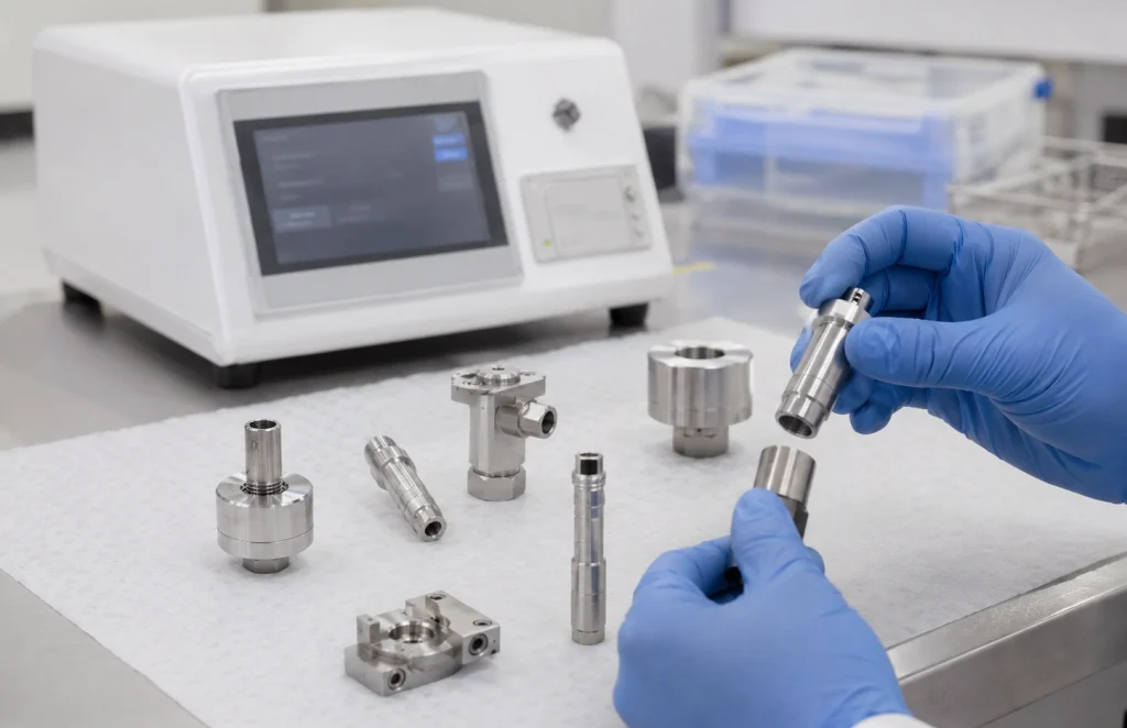 Technician handling ISO 18250-3 reference connector in a medical device testing laboratory