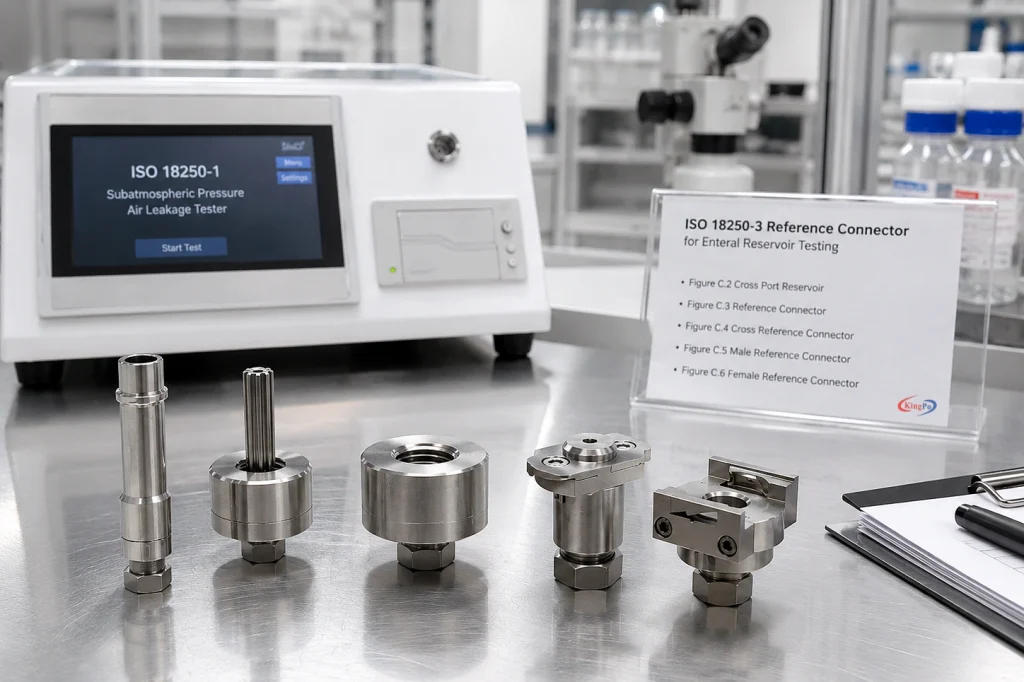 ISO 18250-3 reference connectors for enteral reservoir connector testing displayed in a laboratory setup