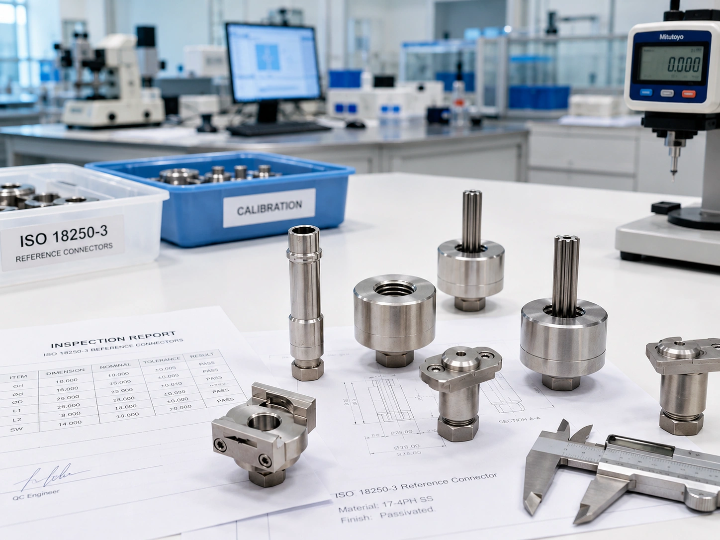 ISO 18250-3 Reference Connectors arranged with inspection report, technical drawing and measuring tools for medical device connector verification.