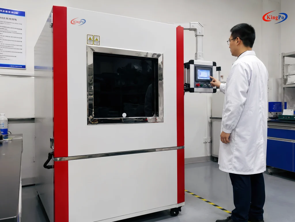 Laboratory technician operating ISO 20653 IPX4K Rain Test Chamber for automotive component testing