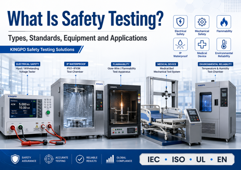 KINGPO safety testing equipment overview for electrical safety, IP waterproof, flammability, medical device and environmental reliability testing