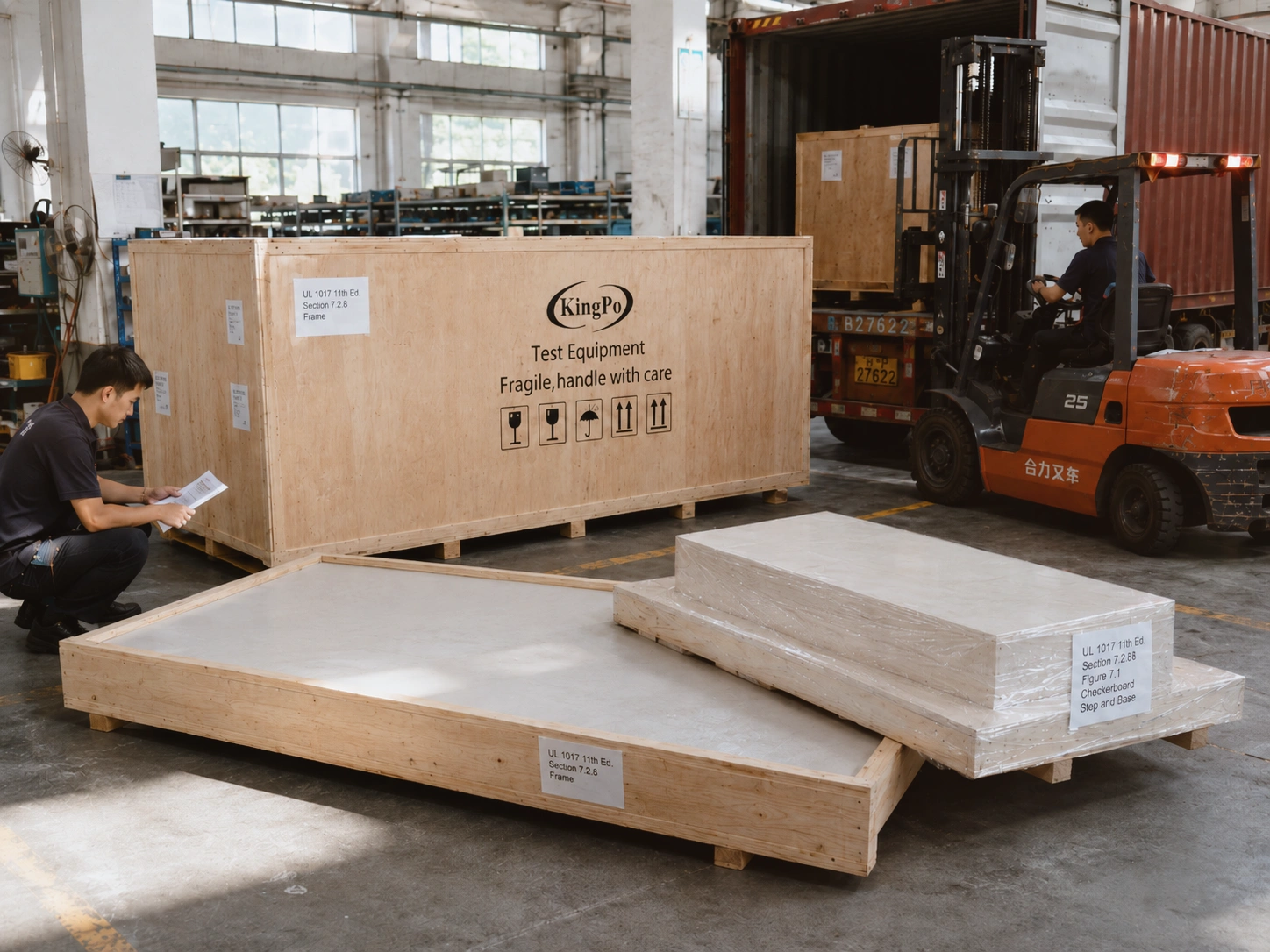 KingPo UL 1017 test fixtures prepared and loaded for international shipment.
