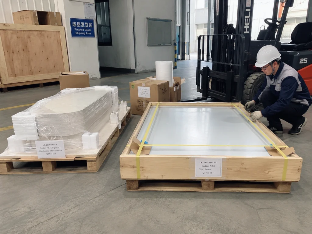 Customized UL 1017 test frame and checkerboard step and base fixture before shipment.
