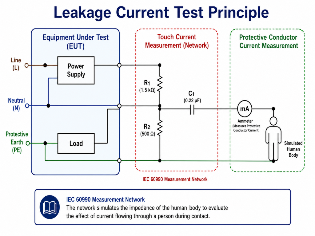 Leakage current test principle showing human body simulation network touch current and protective conductor current measurement