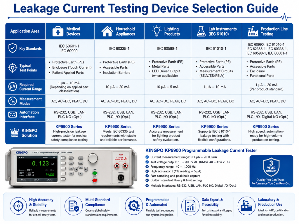 Leakage current testing device selection guide for medical devices appliances lighting and production line testing