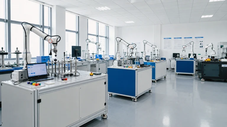 Medical device robotic reliability testing laboratory with multiple robotic test systems for automated durability and repetitive operation testing.
