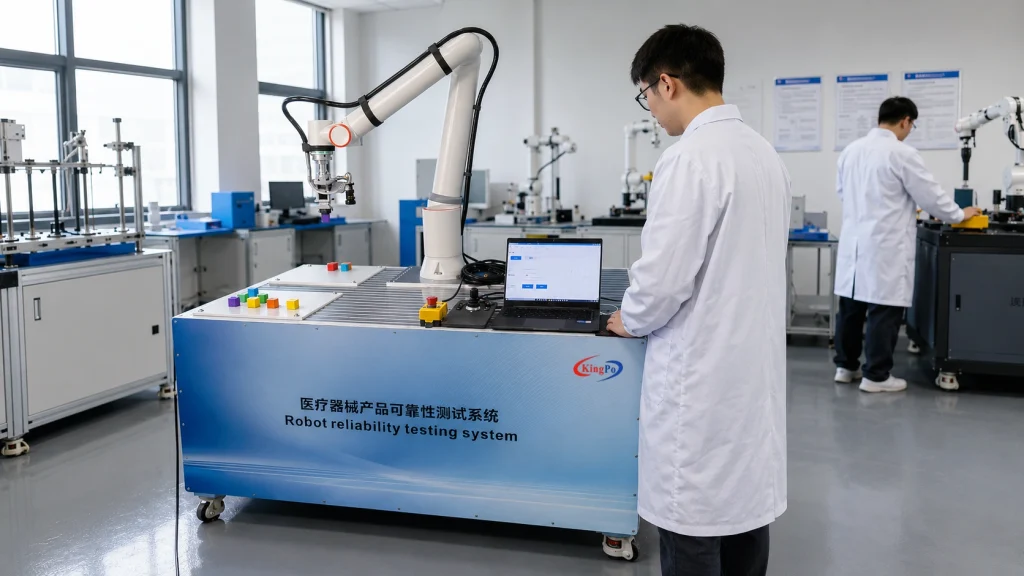 Engineer operating a Medical Device Robotic Reliability Testing System with robotic arm, control laptop and test platform in a laboratory.
