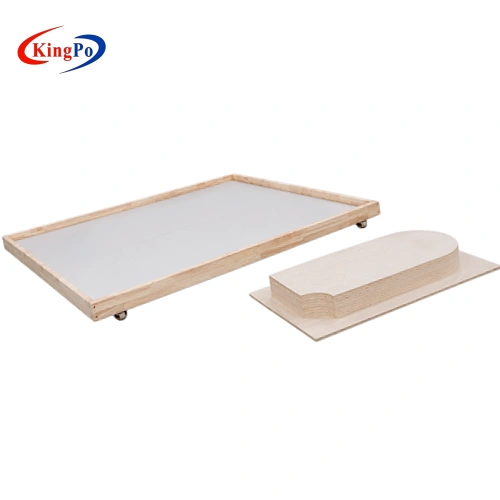 Angled view of UL 1017 Test Frame and Checkerboard Step Base for floor cleaning appliance evaluation