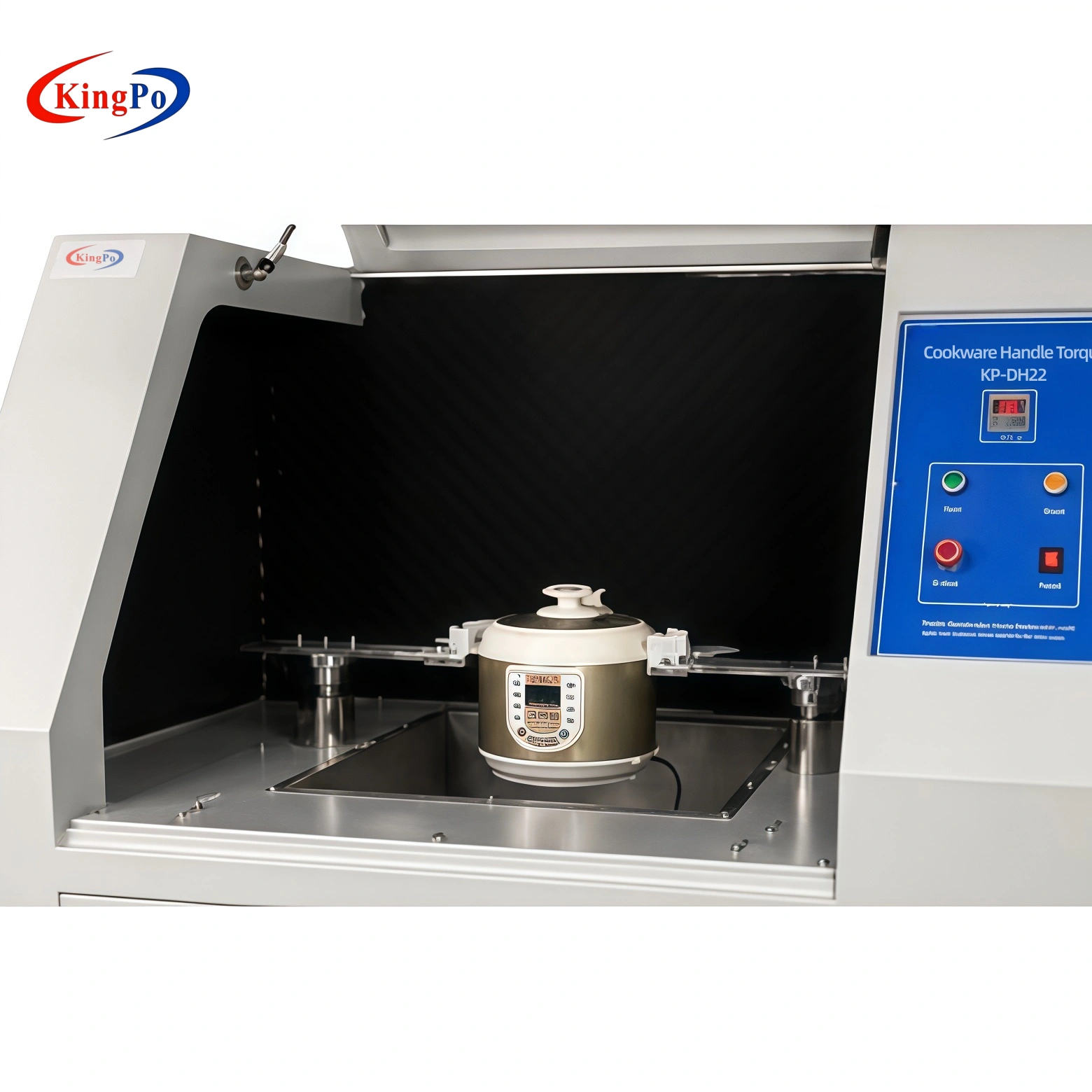 Loaded slow cooker sample fixed inside the KP-DH22 handle strength tester for UL 1026 related testing