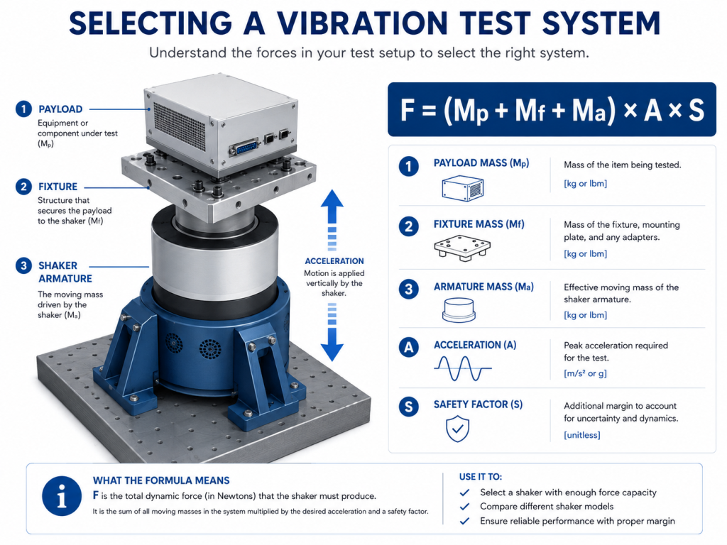 Vibration test system force calculation diagram showing payload mass, fixture mass, armature mass, acceleration and safety factor