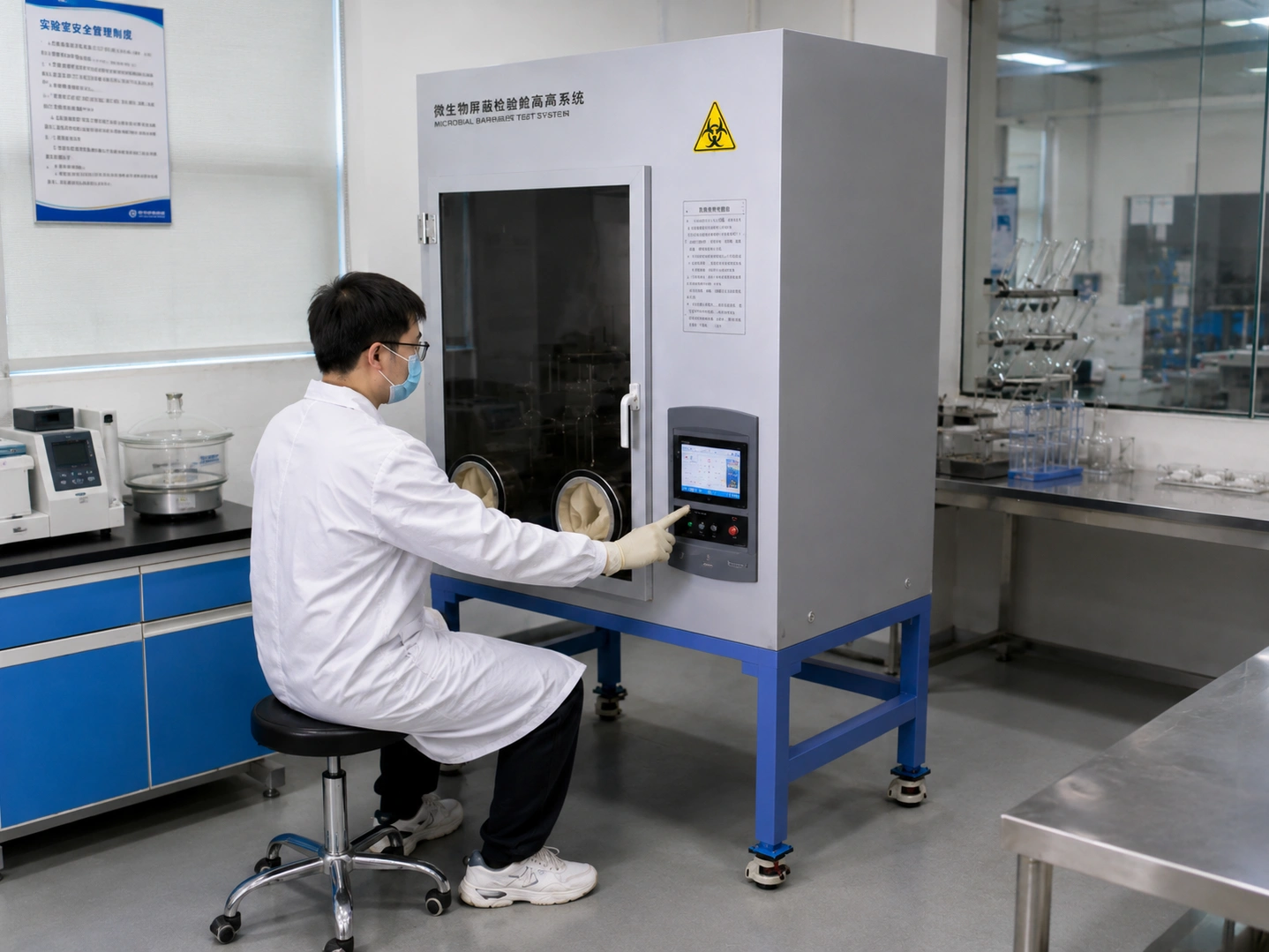 Chinese laboratory technician operating the Mask Bacterial Filtration Efficiency Tester for ASTM F2101 testing
