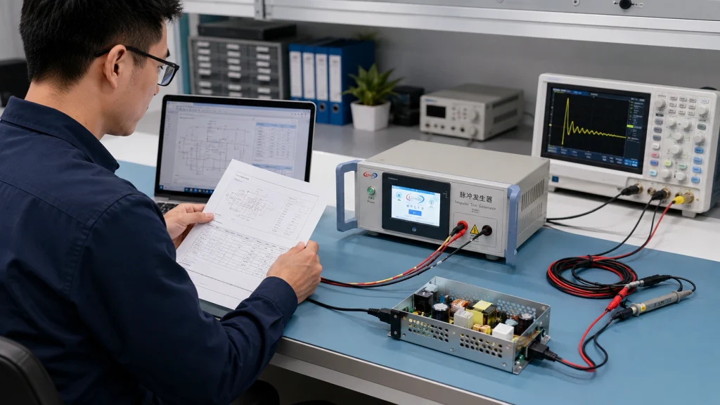 Beyond Peak Voltage: How to Select the Right Impulse Test Generator for IEC 62368-1 2 Engineer reviewing an IEC 62368-1 test plan beside an impulse test generator and oscilloscope