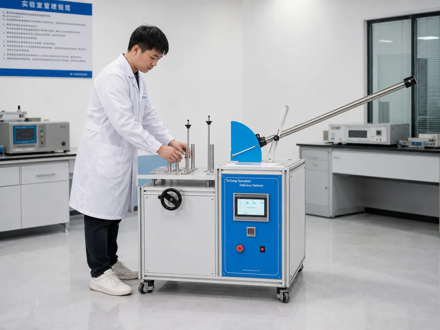 Laboratory technician operating an IEC 60335-1 cord reel endurance tester