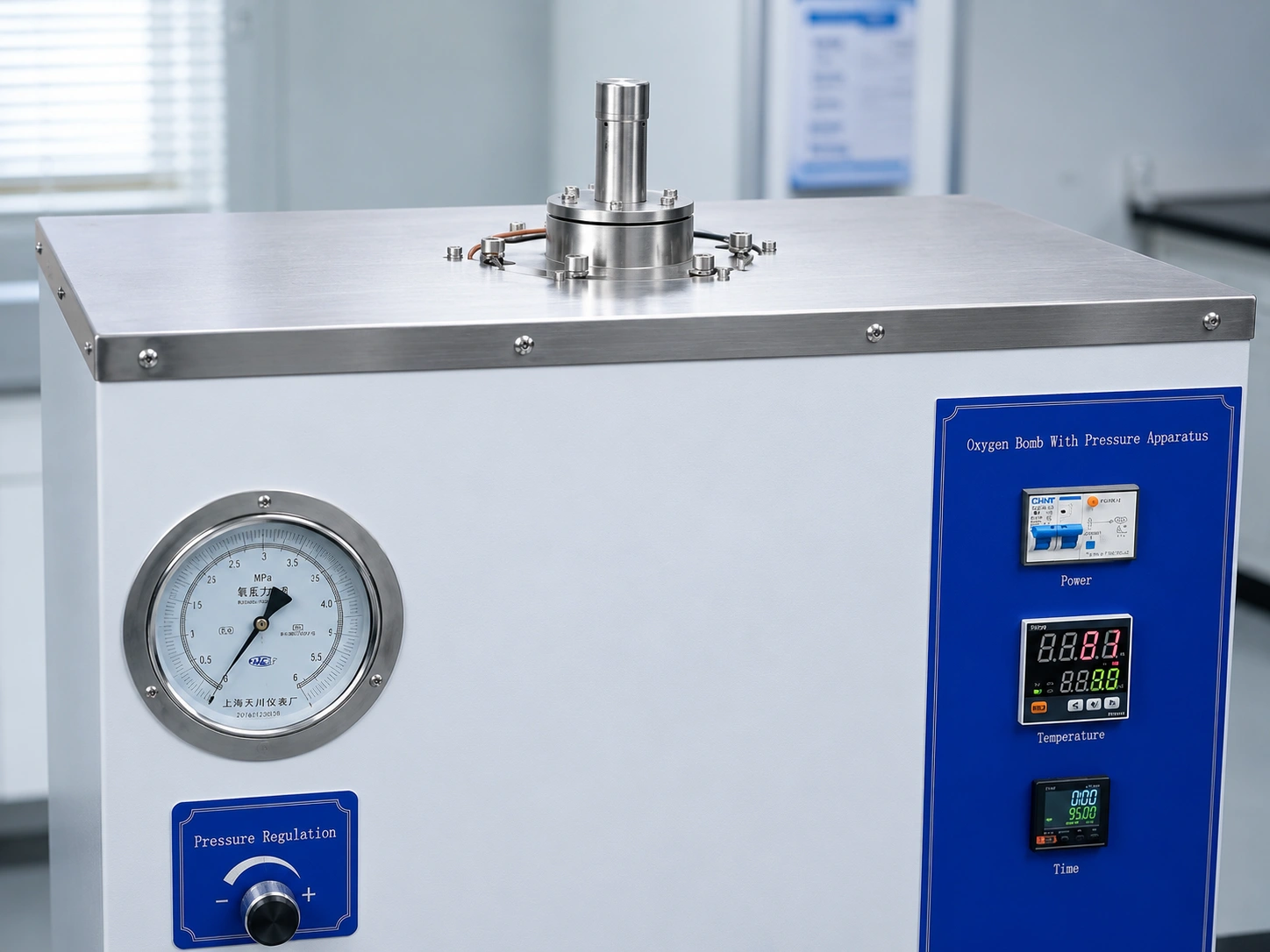 Pressure gauge, temperature controller and top vessel detail of an IEC 60335-1 oxygen bomb aging tester