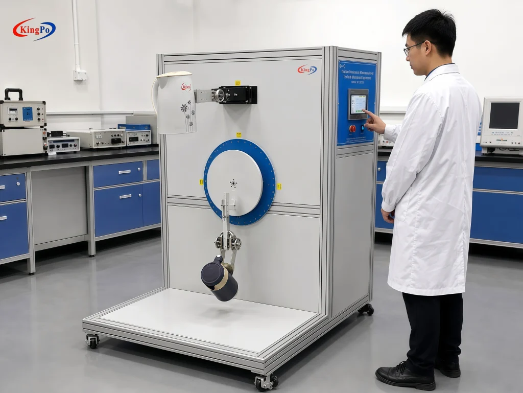 IEC 60335-2-15 Kettle Movement Test Apparatus shown in laboratory operation for kettle handle durability testing, with an operator using the control panel during horizontal and vertical movement evaluation.