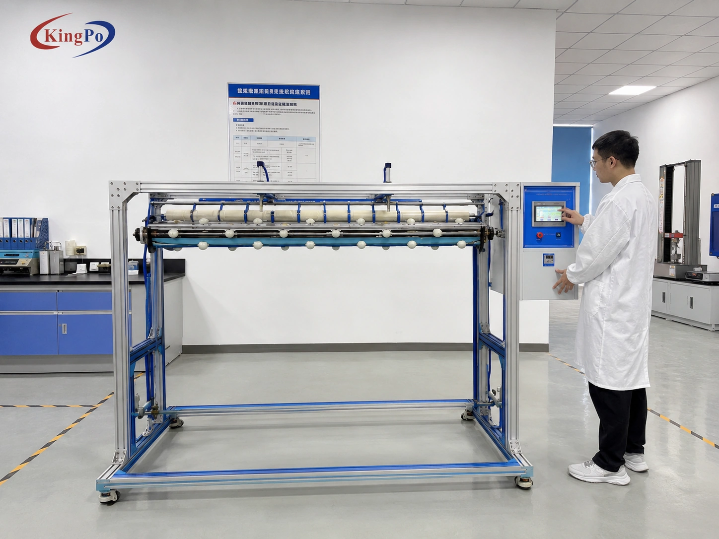 Lab technician operating IEC 60335-2-17 blanket mechanical strength tester