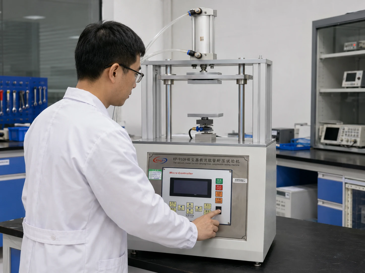 Laboratory technician operating a current-carrying hose crushing tester for IEC 60335-2-2 Clause 21.101