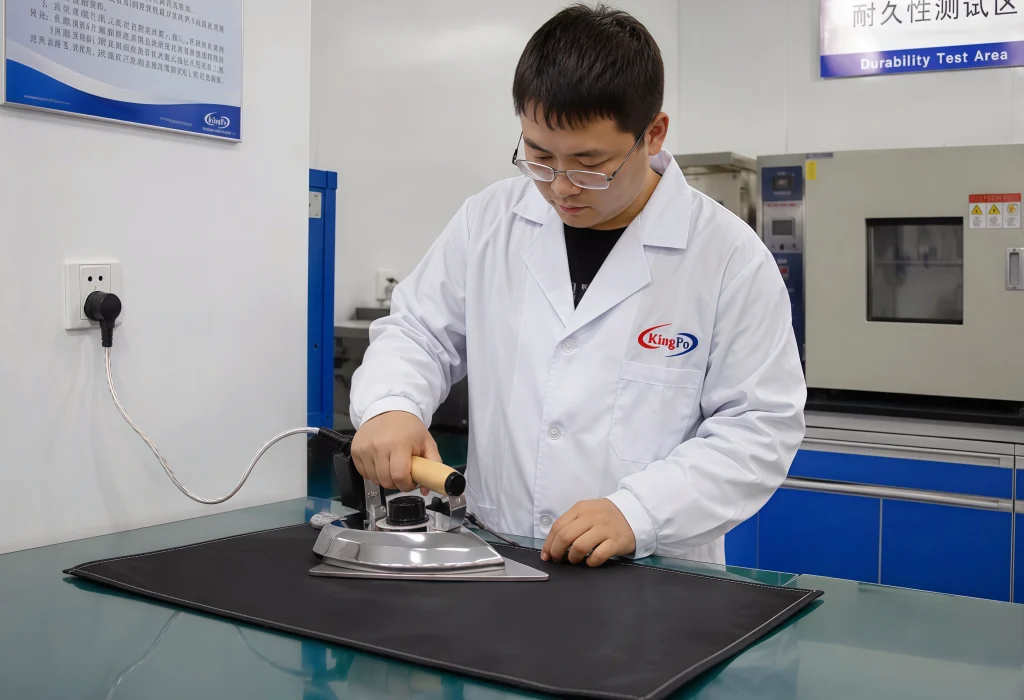 Engineer operating the IEC 60335-2-3 Clause 5.9 test iron in a laboratory for electric iron testing under defined heating and contact conditions.