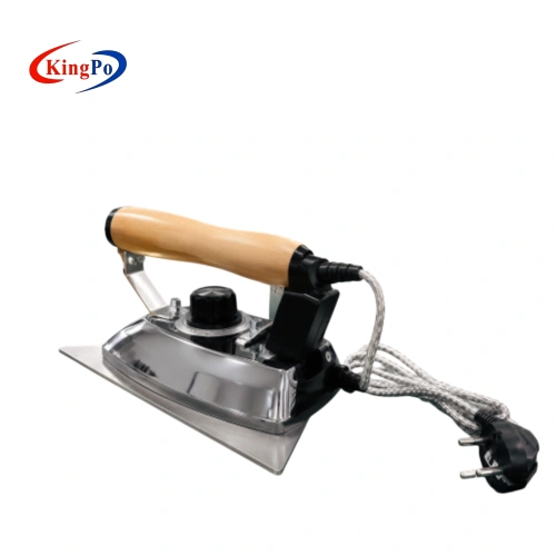 Rear side view of the IEC 60335-2-3 Clause 5.9 test iron showing the handle, temperature control area and power cord in a laboratory setting.