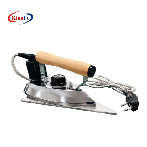Right side view of the IEC 60335-2-3 Clause 5.9 test iron placed on a laboratory workbench for electric iron testing.