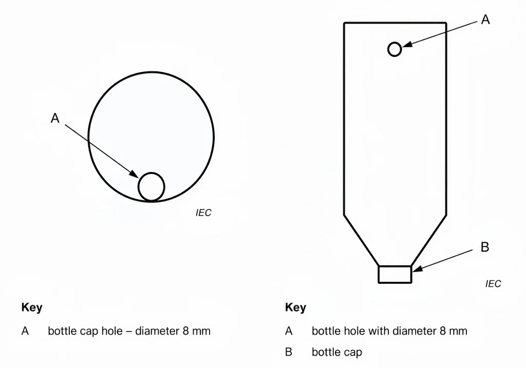 Technical diagram of the IEC 60335-2-6 Figure 106 spillage solution bottle, showing the 8 mm bottle hole position, bottle cap and bottle profile for cooking appliance spillage testing.