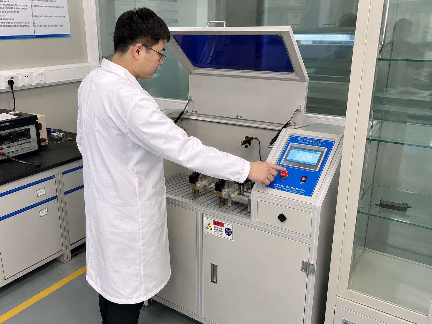 Laboratory technician operating an IEC 60335 battery enclosure pressure tester