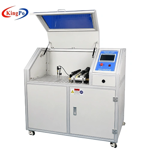 Left-side view of a battery enclosure pressure tester with open test chamber and air injection system