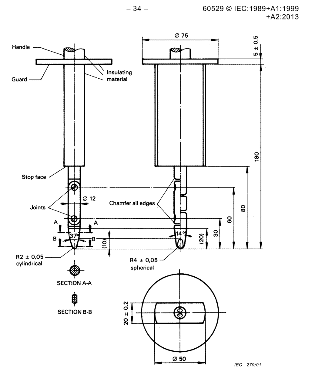 Standard dimensional drawing of IEC 61032 Test Probe B for IP2X accessibility testing