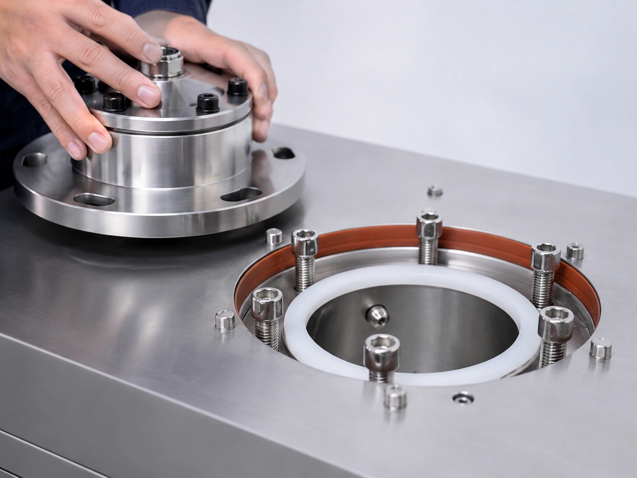 Technician positioning the pressure vessel lid on an oxygen bomb aging test chamber